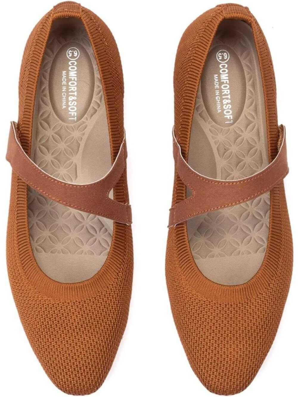 Women's Brown Knitted Mary Jane Square Toe Comfortable Ballet Flat Shoes